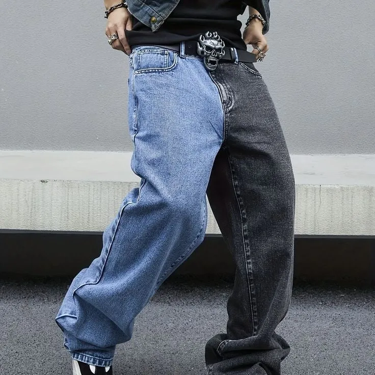 Aesthetic Men's Two Shaded Baggy wide Leg Streetwear Denim Jeans | Shop Online Fashion