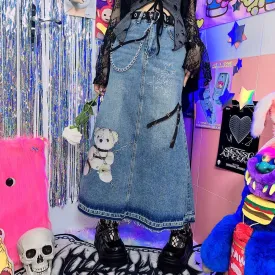 Bear Chain Street Hiphop Style Y2K Hot Girl Mid-length Denim Skirt