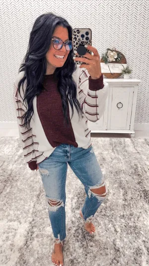 Burgundy/Gray Striped Color Block Top