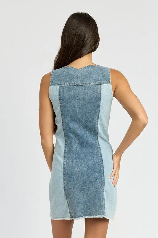 COLOR BLOCK DENIM MINI DRESS