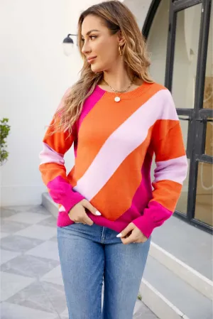 Color Block Ribbed Round Neck Sweater