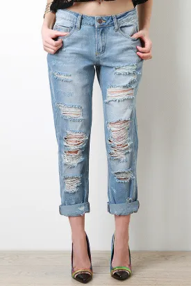 Destroyed Front Cropped Boyfriend Jeans