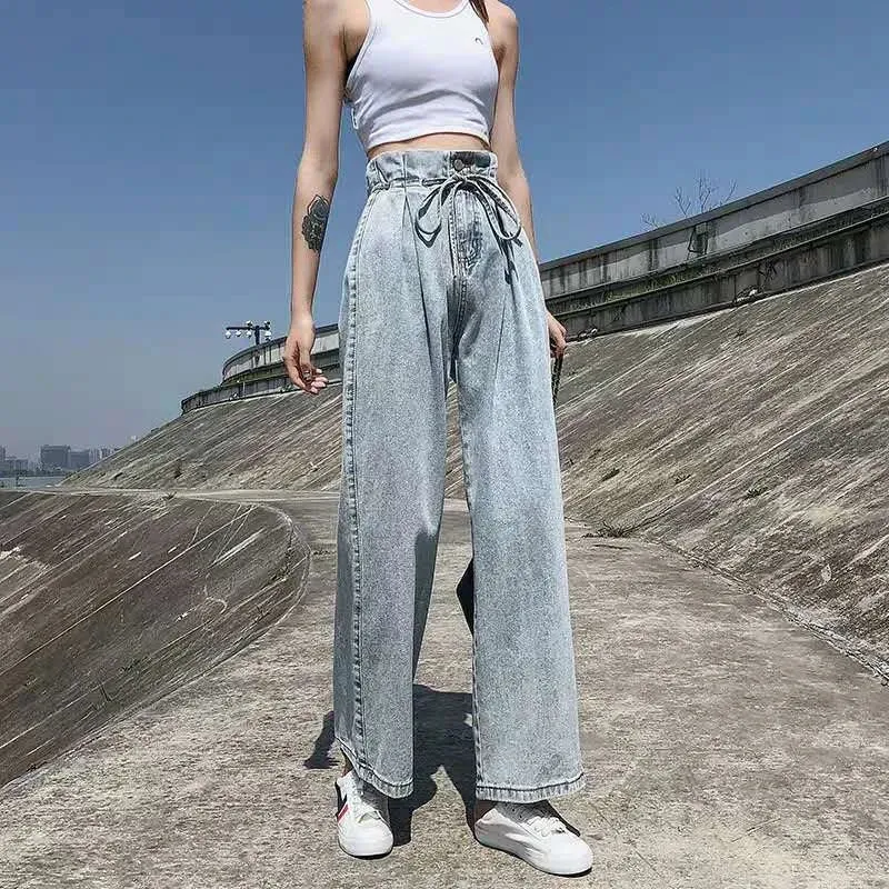 High-waisted Straight Women Loose Waist Dragging Pear-shaped Body Female Jeans