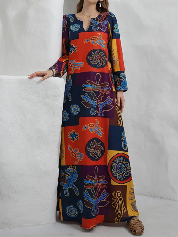 Long Sleeves Loose Color-Block Printed V-Neck Maxi Dresses