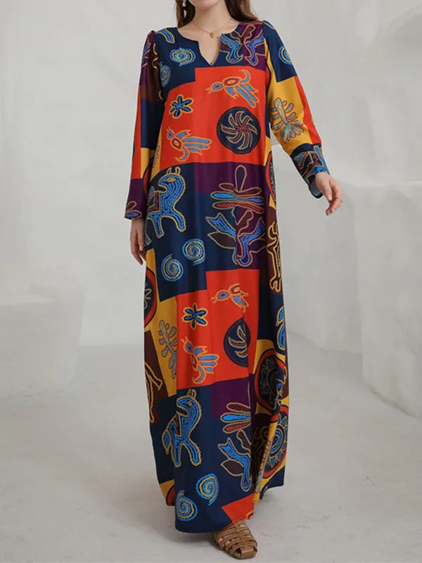 Long Sleeves Loose Color-Block Printed V-Neck Maxi Dresses