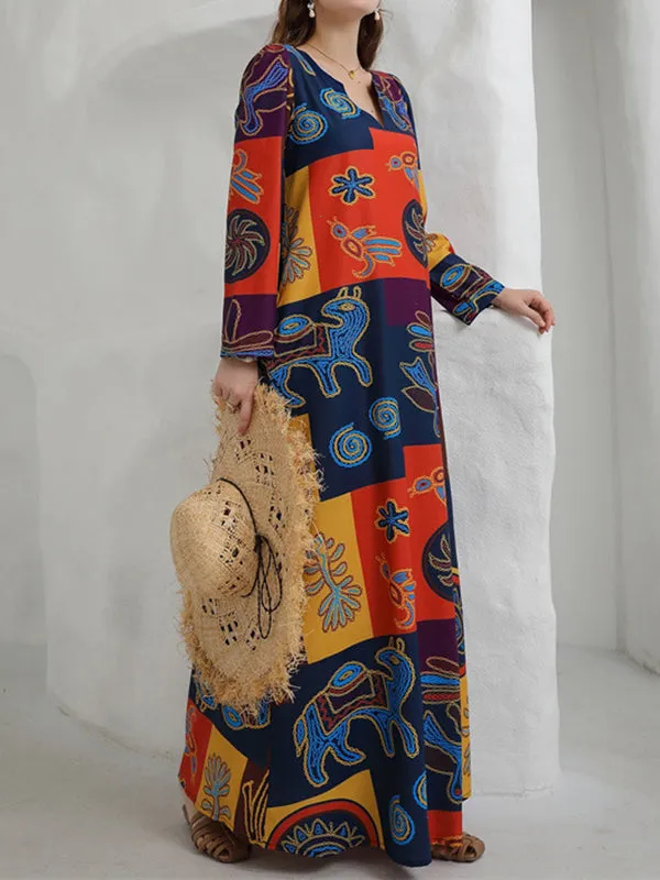 Long Sleeves Loose Color-Block Printed V-Neck Maxi Dresses