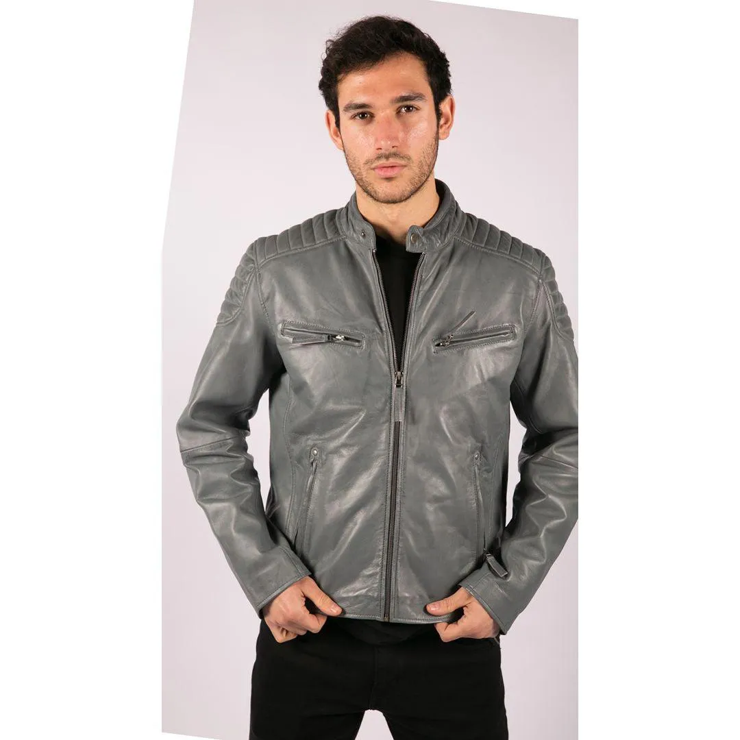 Mens Blue Grey Real Leather Designer Zipped Biker Jacket Washed Casual Vintage