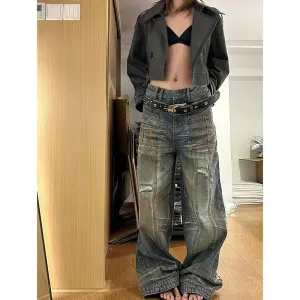 Streetwear High Y2k Waist Casual Straight Wide Blue Baggy Low Leg Retro Jeans